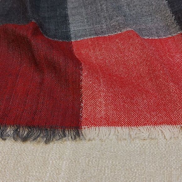 Talbot's Wool Metallic Red, Gray, & White Buffalo Check Scarf Wrap - Picture 5 of 8